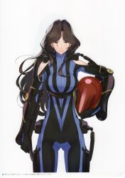 1girl absurdres bare_shoulders blue_bodysuit bodysuit breasts brown_eyes brown_hair clenched_hand closed_mouth clothing_cutout elbow_gloves exoskeleton expressionless facing_viewer fukuda_tomonori full_body gloves helmet high_collar highres holding holding_helmet lips long_hair looking_at_viewer mecha_pilot_suit medium_breasts non-web_source official_art parted_bangs pink_lips robotics;notes scan senomiya_misaki shoulder_cutout simple_background solo striped_bodysuit vertical-striped_bodysuit white_background
