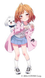 1girl blue_skirt blush bright_pupils brown_hair closed_mouth commentary_request copyright_notice dog full_body hair_ornament hairclip hands_up hololive hololive_dev_is ichijou_ririka ixy jacket long_sleeves looking_at_viewer nail_polish open_clothes open_jacket parted_bangs pink_jacket pleated_skirt red_eyes red_nails shirt shoes short_hair skirt sneakers socks solo standing virtual_youtuber white_pupils white_shirt white_shoes white_socks