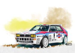 2025 artist_name car commentary_request lancia_(brand) lancia_delta_hf_integrale left-hand_drive martini_(brand) michelin motor_vehicle nimbus_goldbrum no_humans original race_vehicle racecar rally_car sponsor steering_wheel vehicle_focus