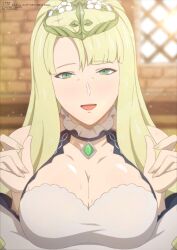 1girl absurdres blonde_hair breasts cleavage fire_emblem fire_emblem_engage green_eyes highres long_hair looking_at_viewer mature_female nintendo open_mouth portrait queen_eve solo tak0baka