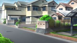 balcony blue_sky brick bush canopy_(shelter) cloud commentary day doki_doki_literature_club english_commentary fence game_cg garage grass highres house leaf manhole_cover no_humans non-web_source outdoors pavement road shadow sidewalk sky sunlight tile_roof town velinquent window window_blinds