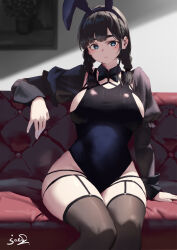 1girl animal_ears black_bow black_bowtie black_hair black_leotard blue_eyes bow bowtie braid breasts brown_thighhighs closed_mouth commentary_request fake_animal_ears jonsun large_breasts leotard long_sleeves looking_at_viewer mole mole_under_each_eye mole_under_eye multiple_moles original puffy_long_sleeves puffy_sleeves rabbit_ears short_hair signature sitting solo tamami_(jonsun) thighhighs thighs twin_braids