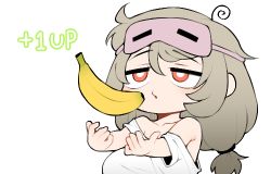 1girl 1up ahoge bad_id bad_twitter_id banana bare_shoulders breasts bright_pupils commentary_request eye_mask food fruit grey_hair indie_virtual_youtuber korean_commentary large_breasts long_hair low-tied_long_hair lowres mask mask_on_head off_shoulder original red_eyes saru_(monkey_magic3) saruko_(vtuber) shirt simple_background solo swirl t-shirt twintails upper_body virtual_youtuber white_background white_pupils white_shirt