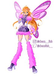 1girl ahoge alternate_costume aqua_eyes bad_id bad_twitter_id belt_buckle black_boots bloom_(winx_club) boots braid buckle chain_belt chest_jewel chocofish closed_mouth commentary crossed_belts crown_braid dark_bloom_(winx_club) detached_sleeves dress english_commentary eyeshadow fairy fairy_wings fishnet_sleeves fishnets full_body fur-trimmed_dress fur_leg_warmers fur_trim fur_wrist_cuffs gem glitter hair_between_eyes hand_on_own_cheek hand_on_own_face hand_on_own_thigh high_heel_boots high_heels highres instagram_username leg_warmers legs_apart lipstick long_hair long_hair_between_eyes long_sleeves looking_at_viewer lovix magical_girl makeup messy_hair multicolored_boots orange_hair outline pink_eyeshadow pink_leg_warmers pink_wings pink_wrist_cuffs purple_dress purple_lips purple_sleeves red_gemstone short_dress side_braid side_slit simple_background skull smile solo striped_clothes striped_dress torn_clothes torn_sleeves turtleneck turtleneck_dress twitter_username two-tone_boots vertical-striped_clothes vertical-striped_dress very_long_hair watermark white_background white_boots white_outline wings winx_club wrist_cuffs