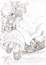2000s_(style) 3girls 4boys acolyte_(ragnarok_online) capelet commentary_request full_body greyscale hasenyo hat hunter_(ragnarok_online) knight_(ragnarok_online) looking_at_another mage_(ragnarok_online) monochrome multiple_boys multiple_girls nurse_cap open_mouth peco_peco poring priest_(ragnarok_online) ragnarok_online shirt short_hair sketch skirt slime_(creature) smile solo_focus translation_request wizard_(ragnarok_online)