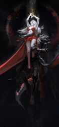 1boy 1girl absurdres adora_zhang armor arms_up barefoot black_armor breasts carrying carrying_person chinese_commentary closed_eyes closed_mouth commentary_request dark_background dress flying full_body hand_on_another&#039;s_knee hand_on_another&#039;s_stomach highres horns long_hair love_and_deepspace medium_breasts pale_skin protagonist_(love_and_deepspace) red_dress red_lips short_hair sylus_(love_and_deepspace) tail torn_clothes torn_dress white_hair