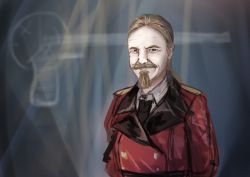 1boy absurdres blonde_hair crossover epaulettes facial_hair forgotten_weapons girls&#039;_frontline goatee griffin_&amp;_kryuger_military_uniform highres ian_mccollum jacket looking_at_viewer male_focus martinreaction military military_uniform mustache real_life red_jacket short_hair smile solo upper_body