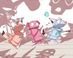 3others animal_ears blue_bow blue_bowtie blue_neckerchief bow bowtie bulging_eyes commentary_request cosplay crying eye_pop flashlight flying fox_ears fox_tail hat highres holding holding_flashlight hololive hyde_(tabakko) jester_cap looking_ahead looking_back multiple_others neckerchief necktie omaru_polka omaru_polka_(cosplay) ominous_shadow open_mouth r.e.p.o. red_necktie robot running scared semibot shirakami_fubuki shirakami_fubuki_(cosplay) sweatdrop tail takane_lui takane_lui_(cosplay) telekinesis virtual_youtuber