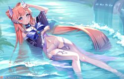 Rule 34 | 1girl, absurdres, arm up, blue bow, blush, bow, bow-shaped hair, collarbone, commission, detached collar, genshin impact, gloves, highres, horns, hydro symbol (genshin impact), japanese clothes, long hair, long sleeves, looking at viewer, lying, navel, newmoonshira, nontraditional miko, on back, open mouth, pink hair, purple eyes, sangonomiya kokomi, short shorts, shorts, stomach, thighhighs, thighs, vision (genshin impact), water, white gloves, white thighhighs, wide sleeves