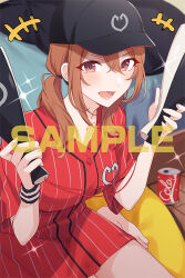 +++ 1girl :d barefoot black_hat blush breasts brown_eyes brown_hair can commentary_request double-parted_bangs hair_between_eyes hat holding indoors kohinata_iroha_(imouuzai) long_shirt looking_at_viewer lower_teeth_only medium_hair official_art open_mouth red_shirt second-party_source shirt short_sleeves short_twintails sidelocks sitting smile solo sparkle striped_clothes striped_shirt teeth tomari_(veryberry00) tomodachi_no_imouto_ga_ore_ni_dake_uzai twintails