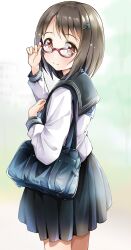 Rule 34 | 1girl, adjusting eyewear, bag, black sailor collar, black serafuku, black skirt, blush, breasts, brown eyes, brown hair, closed mouth, cowboy shot, dot nose, from behind, green background, hair ornament, hairclip, highres, idolmaster, idolmaster cinderella girls, idolmaster cinderella girls starlight stage, kamijo haruna, long sleeves, looking at viewer, looking back, medium breasts, michii yuuki, pleated skirt, red-framed eyewear, sailor collar, school bag, school uniform, serafuku, shirt, short hair, simple background, skirt, smile, solo, standing, white shirt
