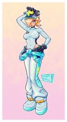 Rule 34 | 1girl, artist name, black gloves, blonde hair, blue eyes, border, breasts, clothes around waist, commentary, covered navel, earrings, english commentary, full body, gloves, hair over one eye, hand on own hip, hat, highres, hip vent, holding, holding wrench, jacket, jacket around waist, jewelry, long hair, long sleeves, mario (series), mario kart, mario kart world, montydraws, nintendo, official alternate costume, open mouth, outline, pink background, ponytail, rosalina, rosalina (pro racer), solo, star (symbol), star earrings, two-tone gloves, white border, white outline, wrench, yellow gloves