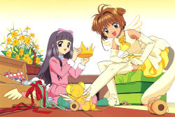 1990s_(style) 2girls :d absurdres antenna_hair ascot black_hair blue_eyes bow brooch brown_hair bubble_skirt cardcaptor_sakura creature daidouji_tomoyo doily dot_nose dress elbow_gloves flower gloves gradient_background green_eyes green_ribbon hair_bobbles hair_bow hair_intakes hair_ornament highres jewelry kero_(cardcaptor_sakura) kinomoto_sakura kinomoto_sakura_(miraculous_sakura) long_hair looking_at_viewer multiple_girls official_art open_mouth pink_bow pink_dress pulling_own_clothes red_ribbon retro_artstyle ribbon scan sewing_kit sewing_pin short_hair short_twintails sitting skirt slippers smile string takahashi_kumiko thighhighs twintails two_side_up white_background white_gloves white_thighhighs white_wings wing_brooch wings yellow_ascot yellow_background yellow_skirt