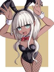 1girl :d animal_ears black_leotard blunt_bangs bow bowtie breasts cleavage danganronpa_(series) danganronpa_v3:_killing_harmony detached_collar fake_animal_ears fishnet_pantyhose fishnets grey_eyes grey_hair highres leotard long_hair low_twintails medium_breasts open_mouth orange_background pantyhose playboy_bunny rabbit_ears red_bow red_bowtie rishaku_(user_cuwx8758) smile solo twintails white_background wrist_cuffs yonaga_angie
