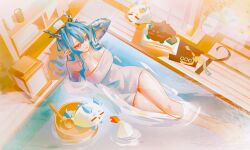 1girl absurdres annotated arknights arm_behind_head arm_up bathing blue_hair breasts cleavage closed_mouth colored_extremities commentary day dragon_bubble_(arknights) dragon_girl dragon_horns dusk_(arknights) english_commentary full_body hair_between_eyes highres horns indoors lantern large_breasts ling_(arknights) long_hair looking_ahead naked_towel nian_(arknights) nikov onsen partially_submerged pink_eyes pointy_ears shu_(arknights) smile solo steam towel water