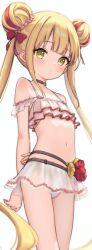 1girl absurdres bare_arms bare_shoulders bikini bikini_skirt blonde_hair closed_mouth dot_mouth dot_nose double_bun flat_chest frilled_bikini frills green_eyes hair_bun highres jia_wenyuan long_hair looking_at_viewer luna_(shadowverse) navel shadowverse simple_background solo standing stomach swimsuit thighs white_background white_bikini