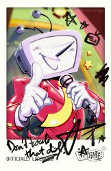 1boy absurdres ant_tenna artist_name commentary crt curtains deltarune english_commentary english_text gloves hands_up highres holding holding_microphone male_focus microphone miroimirage necktie object_head photo_(object) pointy_nose smile solo stage_curtains stage_lights tailcoat upper_body white_gloves yellow_necktie
