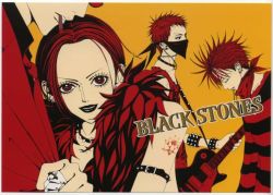 1girl 3boys guitar instrument jpeg_artifacts lips male_focus multiple_boys nana_(manga) nana_(series) official_art okazaki_shin&#039;ichi okazaki_shinichi osaki_nana punk red_theme smoking takagi_yasushi tattoo terashima_nobu yellow_background
