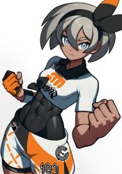 1girl bea_(pokemon) bite_addict black_bodysuit black_hairband bodysuit bodysuit_under_clothes bow_hairband clenched_hands closed_mouth collared_shirt commentary_request covered_abs covered_navel dynamax_band frown gloves grey_eyes grey_hair hair_between_eyes hairband highres looking_at_viewer nintendo partially_fingerless_gloves pokemon pokemon_swsh print_shirt print_shorts shirt short_hair short_sleeves shorts side_slit side_slit_shorts simple_background single_glove solo white_background