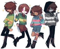 4others bandaid bandaid_on_cheek bandaid_on_face bandaid_on_knee bandaid_on_leg black_footwear black_hood black_leggings black_pants blank_stare blue_shirt blue_shorts blue_sweater blush brown_eyes brown_hair brown_shorts cellphone chara_(undertale) charamells closed_eyes collared_shirt colored_skin dark_skin deltarune denim denim_shorts frisk_(undertale) green_shirt grey_hoodie grey_shirt grey_skin hair_over_one_eye hand_in_pocket holding holding_knife holding_own_arm holding_phone holding_weapon hood hoodie jewelry knife kris_(deltarune) leggings locket multiple_others necklace other_focus pale_skin pants pendant phone quartet red_eyes shaded_face shirt short_hair shorts smile socks striped_clothes striped_hoodie striped_shirt sweater undertale v vessel_(deltarune) waving weapon white_background white_socks