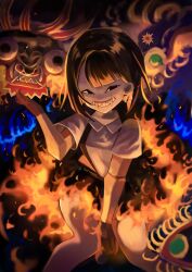 Rule 34 | black hair, blunt bangs, bob cut, colored skin, diablada, ena (series), ena (species), fangs, fire, highres, monster, shirt, skirt, suspenders, teeth, unnamed (ena), usagimarumei, white skin