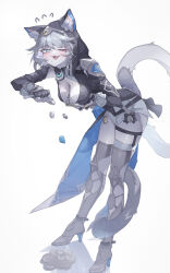 1girl :d absurdres animal_ear_fluff animal_ears animal_hood bent_over between_breasts black_gloves blue_eyes boots breasts cat_ears cat_girl cat_hood cat_tail cipher_(honkai:_star_rail) cleavage coin commentary crescent ears_through_hood fang fingerless_gloves flying_sweatdrops full_body gloves grey_hair high_heel_boots high_heels highres holding holding_coin honkai:_star_rail honkai_(series) hood leotard looking_at_viewer mole mole_on_breast open_mouth plabit simple_background smile solo symbol-only_commentary tail white_background yellow_nails