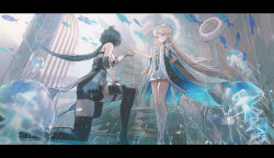 Rule 34 | 2girls, absurdres, arm behind back, bare legs, bare shoulders, black boots, black dress, black hair, blonde hair, boots, cartethyia (wuthering waves), commentary, crown of thorns, dress, elbow pads, english commentary, female rover (wuthering waves), highres, jellyfish, legs, long hair, looking at another, low ponytail, multiple girls, on one knee, parted bangs, pointy ears, ponytail, rover (wuthering waves), tabard, tacet mark (wuthering waves), taking another&#039;s hand, thigh boots, tyhaya, very long hair, white tabard, wuthering waves