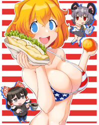 3girls :d alice_margatroid american_flag american_flag_bikini american_flag_print animal_ears bikini black_eyes black_hair black_hoodie blonde_hair blue_eyes bow breasts cellphone chibi chibi_inset cigarette cleavage commentary_request cookie_(touhou) dress empty_eyes flag_print flag_print_bikini food frilled_bow frilled_hair_tubes frills fruit grey_dress grey_hair hair_bow hair_tubes hakurei_reimu highres holding holding_cigarette holding_food hood hood_down hoodie kofji_(cookie) large_breasts looking_at_viewer maru_(cookie) mouse_ears mouse_girl mouse_tail multiple_girls nazrin open_mouth orange_(fruit) phone pita_(food) print_bikini purple_eyes pyukasshori red_background red_bow red_eyes short_hair sidelocks smartphone smile striped_background swimsuit tail touhou upper_body web_(cookie) white_background