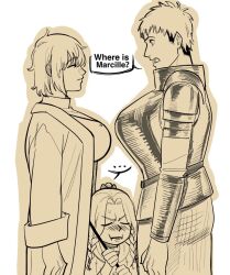 ... 1boy 2girls armor blind_spot_(meme) blush breasts brother_and_sister drugsandsocks dungeon_meshi falin_touden falin_touden_(tallman) laios_touden large_breasts large_pectorals marcille_donato meme multiple_girls multiple_monochrome nose_blush pectorals pout siblings simple_background speech_bubble spoken_ellipsis white_background