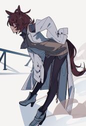 1girl absurdres agnes_tachyon_(umamusume) animal_ears ankle_boots armband black_pantyhose boots brown_hair coat commentary dust_cloud english_commentary full_body highres horse_ears horse_girl horse_tail lab_coat leaning_forward long_sleeves looking_to_the_side lopi pantyhose railing red_eyes shoes short_hair simple_background sleeves_past_fingers sleeves_past_wrists smile solo sweater sweater_vest tail umamusume white_background white_coat white_shoes yellow_sweater