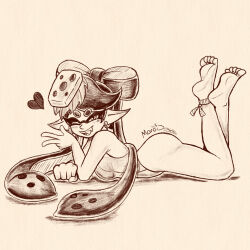 +_+ 1girl ass bare_shoulders breasts callie_(splatoon) earrings fangs from_side heart jewelry looking_at_viewer lying marodraws monochrome nintendo on_stomach one-piece_swimsuit one_eye_closed pointy_ears sketch sleeveless splatoon_(series) swimsuit tentacle_hair twintails wink