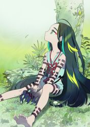 1boy against_tree androgynous aqua_hair arm_tattoo bare_arms barefoot between_legs bishounen black_hair black_skin child chinese_knot closed_mouth colored_extremities colored_skin expressionless eyelashes eyeshadow fate/grand_order fate_(series) finger_tattoo fingernails foot_out_of_frame full-body_tattoo game_cg grass green_background green_eyes green_hair green_nails green_shirt green_shorts hand_between_legs large_hands leg_tattoo long_hair looking_up makeup male_focus multicolored_hair nature official_art red_eyeshadow shirt shorts sitting solo taisui_xingjun_(fate) take_(illustrator) tank_top tattoo third-party_source toes tree v-neck very_long_hair