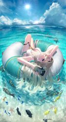 1girl absurdres aqua_bikini bikini bikini_skirt black_hairband blue_pupils breasts cellphone cleavage firefly_(honkai:_star_rail) fish gradient_eyes gradient_hair grey_hair hair_between_eyes hair_intakes hairband highres holding holding_phone honkai:_star_rail honkai_(series) large_breasts long_hair lying multicolored_eyes multicolored_hair nail_polish neckerchief on_back one_eye_closed open_mouth orange_neckerchief phone shark smartphone solo starfish swimsuit takubon teeth thigh_strap tube white_bikini
