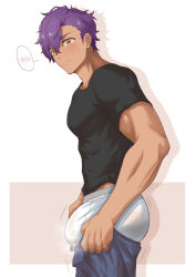 1boy absurdres ass black_shirt blue_pants blush boxer_briefs brown_eyes bulge commentary_request covered_penis cowboy_shot dark-skinned_male dark_skin double-parted_bangs ensemble_stars! erection erection_under_clothes from_side frown hair_between_eyes highres i&#039;ve_never_seen_a_guy_recreate_this_successfully_tbh_(meme) kogatetora lifting_own_clothes looking_down male_focus male_underwear meme muscular muscular_male otogari_adonis pants pants_lift parted_bangs pectorals precum precum_through_clothes purple_hair see-through_clothes shirt short_hair short_sleeves solo speech_bubble spiked_hair spoken_blush standing sweatdrop taut_clothes taut_shirt underwear wavy_mouth white_male_underwear