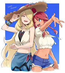 1girl bikini bikini_under_clothes bikini_under_shorts blonde_hair blue_eyes blue_sarong blue_shorts breasts brown_hat collarbone crop_top cynthia_(pokemon) cynthia_(summer_2025)_(pokemon) denim denim_shorts flower flower_hat grey_eyes hair_ornament hair_over_one_eye hat hat_flower highres long_hair looking_at_viewer midriff mocollie navel nintendo off-shoulder_shirt off_shoulder official_alternate_costume one_eye_closed one_side_up open_mouth pokemon pokemon_masters_ex red_hair sarong shirt shorts sidelocks skyla_(pokemon) skyla_(summer_2025)_(pokemon) smile straw_hat sun_hat swimsuit teeth tied_shirt very_long_hair