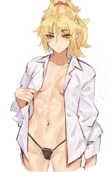 1girl abs absurdres blonde_hair breasts clothes_lift coat deccatezu fate/grand_order fate_(series) green_eyes hair_ornament hair_scrunchie highres long_hair mordred_(fate) no_bra panties red_scrunchie scrunchie small_breasts toned toned_female underwear white_coat