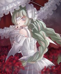 Rule 34 | 1girl, bandage over one eye, bare shoulders, bat wings, braid, dress, flower, grey eyes, grey hair, headband, highres, lolita fashion, phrolova (wuthering waves), red eyes, rinacchi, sky, spider lily, star (sky), starry sky, umbrella, white dress, wings, wuthering waves