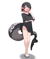 1girl black_choker black_shirt breasts choker earrings ellen_joe fins fish_tail jewelry medium_breasts mole mole_under_eye no_panties open_clothes open_mouth samate shark_girl shark_tail shirt short_hair short_sleeves simple_background solo tail white_background yawning zenless_zone_zero
