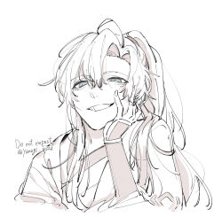 1boy ahoge bishounen chinese_clothes grey_eyes greyscale grin gymnasium119 hair_between_eyes hand_on_own_cheek hand_on_own_face hand_up hanfu head_rest highres long_hair long_sleeves looking_at_viewer male_focus modao_zushi monochrome ponytail robe sidelocks simple_background sleeves_past_wrists smile solo spot_color twitter_username upper_body wei_wuxian white_background