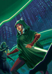 1girl 2boys ahsoka_tano alien armor blue_eyes brown_pants building city clenched_hands energy_sword facial_mark green_hood green_lightsaber green_poncho highres holding holding_sword holding_weapon hooded_poncho lightsaber looking_to_the_side mateus_silva multiple_boys outdoors pants poncho reverse_grip skyscraper star_wars star_wars:_the_clone_wars sword togruta weapon