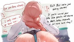 Rule 34 | 1girl, aftersex, ass, commentary, cum, cum on ass, cum on body, english commentary, english text, highres, long hair, out-of-frame censoring, panties, pink hair, shirt, spanked, speech bubble, tsukishiro yanagi, underwear, white shirt, zasshu, zenless zone zero