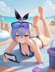1girl absurdres ass barefoot beach bikini blue_bikini blue_innertube blue_sky breasts cleavage cloud commentary_request feet goggles goggles_on_head grey_eyes grey_hair handheld_game_console highres holding holding_handheld_game_console honkai:_star_rail honkai_(series) legs_up looking_at_viewer lying ocean on_stomach sand sand_castle sand_sculpture short_hair silver_wolf_(honkai:_star_rail) sky small_breasts smile soles solo swimsuit the_pose toes wa_(user_snch2757)