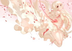 00s 1girl boots bow brown_eyes chii chobits detached_sleeves dress female_focus frilled_sleeves frills full_body gradient_background hair_tubes joseph_lee legs_folded long_dress long_hair looking_at_viewer parted_lips petals pink_ribbon platinum_blonde_hair red_eyes ribbon robot_ears silver_hair simple_background solo thighs very_long_hair white_boots white_dress wide_sleeves wind