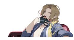 Rule 34 | 1boy, bishounen, black background, black gloves, blonde hair, blood, blue eyes, blue shirt, bracelet, collared shirt, couch, fangs, gloves, half gloves, heterochromia, highres, hugo vlad, jewelry, long hair, looking at viewer, male focus, mindscape cinema (zenless zone zero), official art, open clothes, open mouth, open shirt, parted bangs, pectorals, pointy ears, red eyes, ring, shirt, simple background, sitting, smile, solo, teeth, tongue, tongue out, upper body, vampire, zenless zone zero