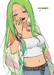 1girl aegyo_sal bracelet cardigan chest_tattoo covering_own_mouth crop_top denim english_text green_eyes green_hair grin hand_on_own_face hawaiian_clothes jeans jewelry kyra_preece long_hair looking_down midriff multiple_bracelets open_mouth our_life:_beginnings_and_always pants ryuuieu see-through_clothes smile solo tattoo teeth upper_body upper_teeth_only white_background