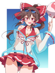 1girl :d bikini bikini_skirt black_bikini blue_background bow breasts brown_hair cleavage cowboy_shot eyewear_on_head frilled_bikini frilled_hair_tubes frills gradient_background hair_tubes hakurei_reimu highres ichimura_kanata long_hair looking_at_viewer medium_breasts open_mouth orb ponytail red_bikini red_bow red_eyes smile solo swimsuit touhou touhou_gensou_eclipse yin_yang yin_yang_orb