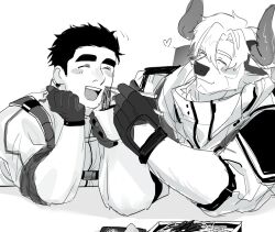 2boys animal_ears bara bigfoot_(housamo) blush_stickers couple cow_ears feeding furry furry_male furry_with_non-furry greyscale highres huge_eyebrows interspecies male_focus monochrome multiple_boys muscular muscular_male one_juneju_e protagonist_3_(housamo) short_hair sketch thick_eyebrows tokyo_houkago_summoners upper_body yaoi