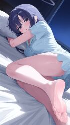 1girl absurdres barefoot blue_archive blue_shirt blue_shorts breasts commentary_request feet halo highres indoors long_hair looking_at_viewer mechanical_halo medium_breasts official_alternate_costume on_bed pillow pillow_grab purple_eyes purple_hair sei_(0724sei6) shirt shorts soles solo thighs toes yuuka_(blue_archive) yuuka_(pajamas)_(blue_archive)