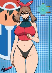 1girl alternate_color artist_name ash_ketchum black_buruma blue_eyes breasts brown_hair buruma choker cowboy_shot creatures_(company) english_text female_focus game_freak gluteal_fold hair_ornament hair_ribbon hairband highleg highleg_buruma highleg_panties hip_focus large_breasts legs long_legs looking_at_viewer may_(pokemon) may_(pokemon_oras) midriff navel nintendo panties pokemon pokemon_(anime) red_ribbon ribbon shiny_skin shirt skin_tight sleeveless sleeveless_shirt solo spandex sports_bikini sports_bra standing stats tagme text_focus underwear wslasher
