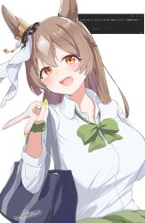 1girl alternate_costume animal_ears bag blush breasts brown_eyes brown_hair collarbone fingernails gyaru_v hair_between_eyes hair_ornament highres horse_ears horse_girl large_breasts lryutanl open_mouth ribbon satono_diamond_(umamusume) school_uniform solo twitter_username umamusume v white_background